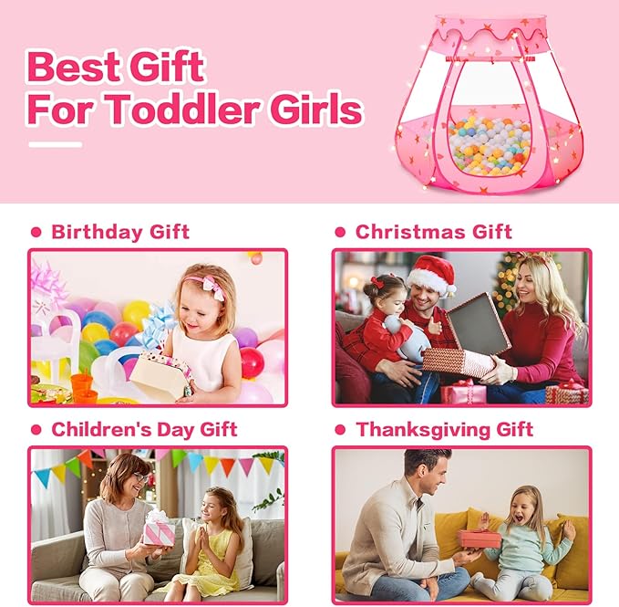 Baby Ball Pit for Toddler: with Star Lights - Pop Up Princess Play Tent for Kids - Indoor Outdoor Baby Girl Toys Birthday Gifts - NO Balls (Pink Tent)