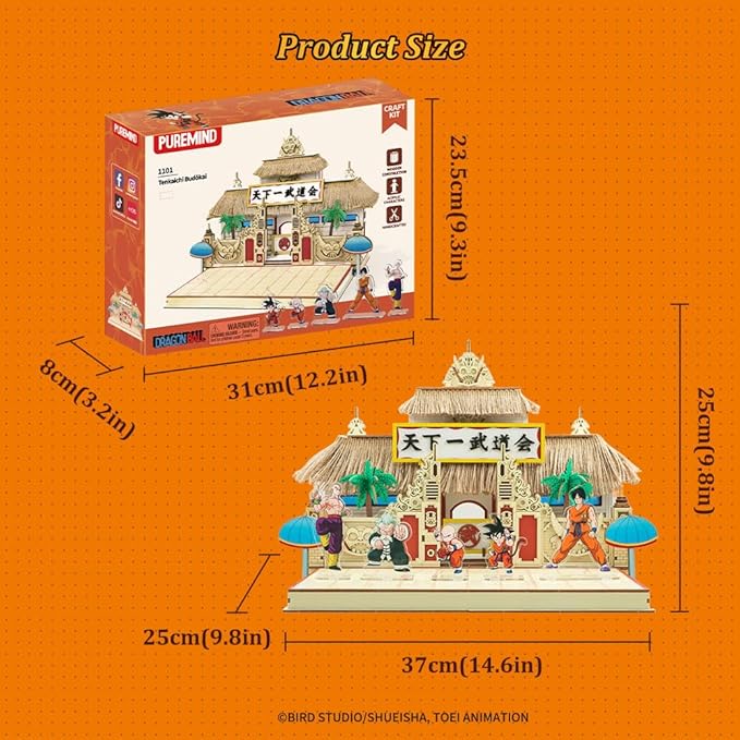 PUREMIND Dragon Ball Tenkaichi Budōkai Wooden Puzzle Kit - Officially Licensed Dragon Anime Tournament World Martial Arts Stage Model with 5 Character Standees Building Set for Adults, Display & Gift