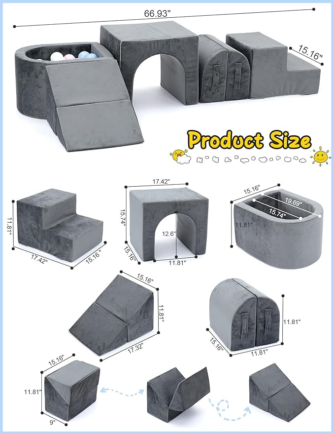 Kidirect Foam Climbing Blocks, 6 Pieces Climbing Toys for Toddlers 1-3 Inside with Baby Ball Pit &Crawling Tunnel, Soft Play Foam Blocks for Toddlers 1-3 Baby Climbing Gym for Kids' Indoor Climbers