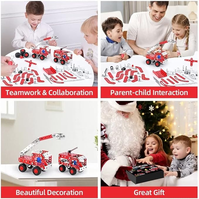 Stem Building Toys for Boys Age 8-12,Erector Sets Fire Trucks Series Model Kit,Assembly Toys for Kids,Metal Building Toys for Model 4 in 1 Fire Fighting Cars(121PCS)