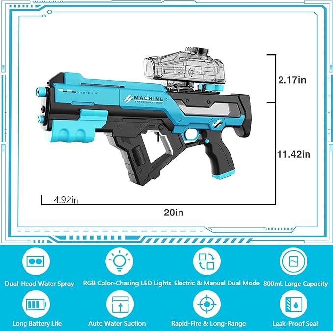 Electric Water Gun with LED Chasing Lights, 35 FT, Automatic & Manual Dual Mode High Powered High Capacity Squirt Guns for Adult Kid (Blue)