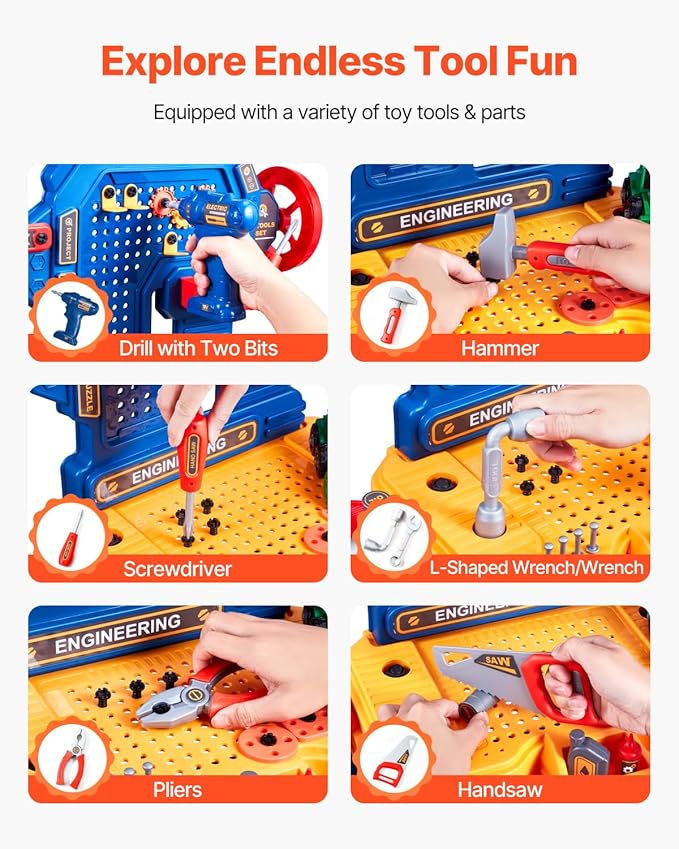 VEVOR Kids Workbench, 181 pcs, Kids Tool Bench with Realistic Tools and Electric Drill, Pretend Play Construction Workbench Toys for Toddlers, Toddler Work Bench Learning Gift for Boys & Girls Age 3+
