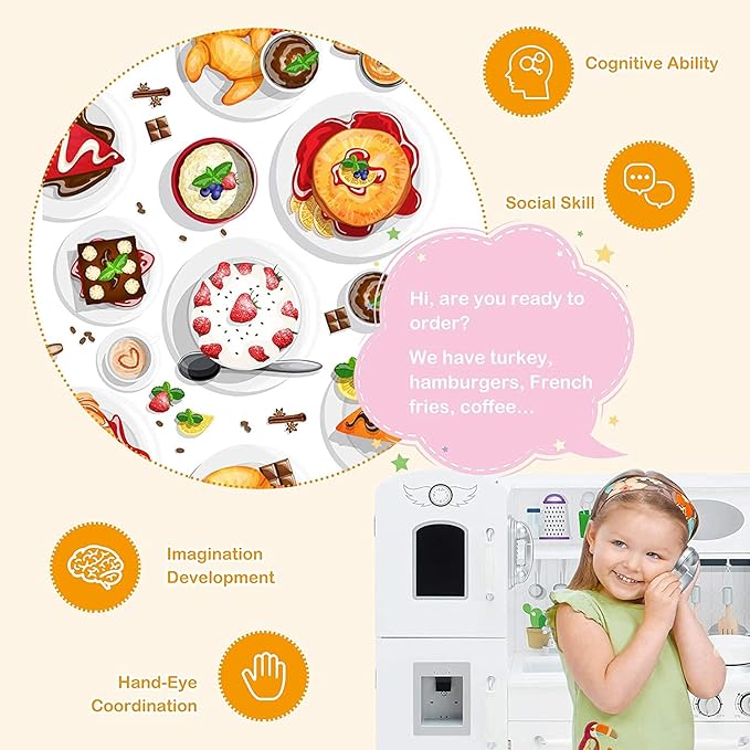Fireflowery Kids Kitchen Playset, Toddler Kitchen w/Simulated Sound, Accessory Utensils, Blackboard, Sink, Stovetop, Cabinets, Pretend Play Kitchen, Gift for Ages 3+ (Classic)