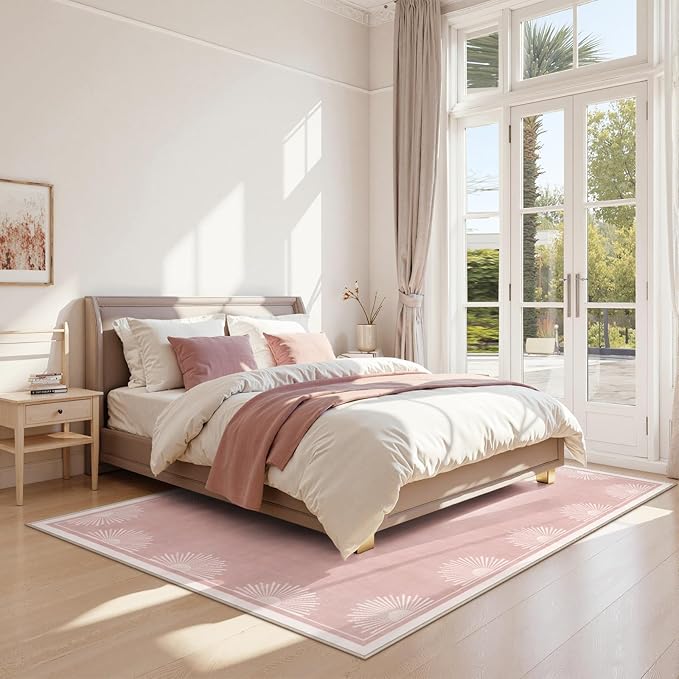 Modern 5x7 Pink Area Rugs for Bedroom Girls, Ultra Thin Washable Nursery Rug for Kids Room, Soft Sun Print Living Room Rug,Boho Non Shedding Floor Carpets for Classroom Dorm(5'x7',Pink)