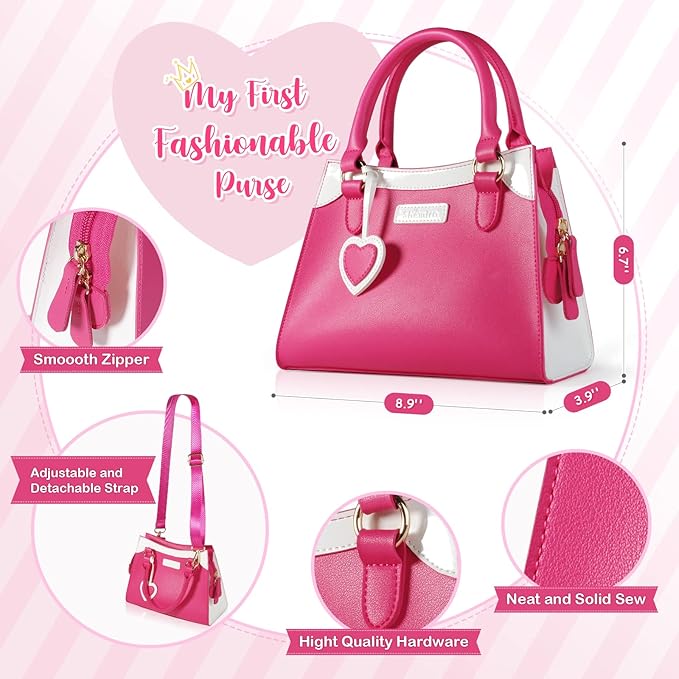 Shemira Play Purse for Little Girls, Princess Pretend Toys for Girls 3 4 5 6 7 8 Years Old, Christmas & Birthday Gift for Girls Age 3-5 4-6 6-8, Toddler Purse with Accessories, Kids Toy Purse,Pink