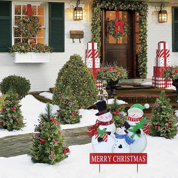 YEAHOME Outdoor Christmas Decorations, 3 Snowman Family Metal Decorative Garden Stakes for Outdoor Yard, Merry Christmas Yard Signs for Outside Garden Lawn Porch Pathway Xmas Decorations