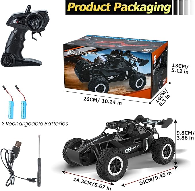 Remote Control Car for Kids 3 4 5 6 7+, 20 KM/H High-Speed RC Cars with LED Lights, 2.4GHz 2WD Monster Truck Toys, Rechargeable RC Car, Toy Cars for Girls Boys, Christmas & Birthday GiftsâBlack