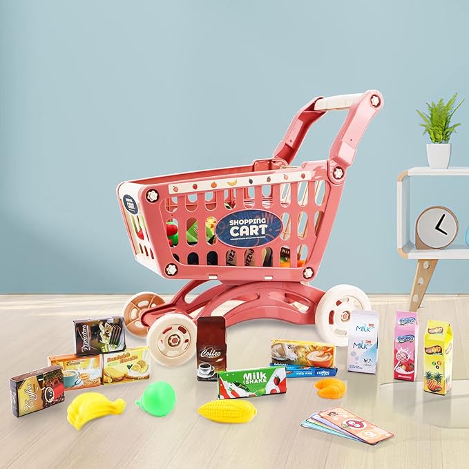 deAO Kids Shopping Cart Trolley for Groceries Toddlers 65 Food Fruit Vegetables Pretend Play Food Role Play Educational Toy Play Kitchen Toys Store Playset (Red)