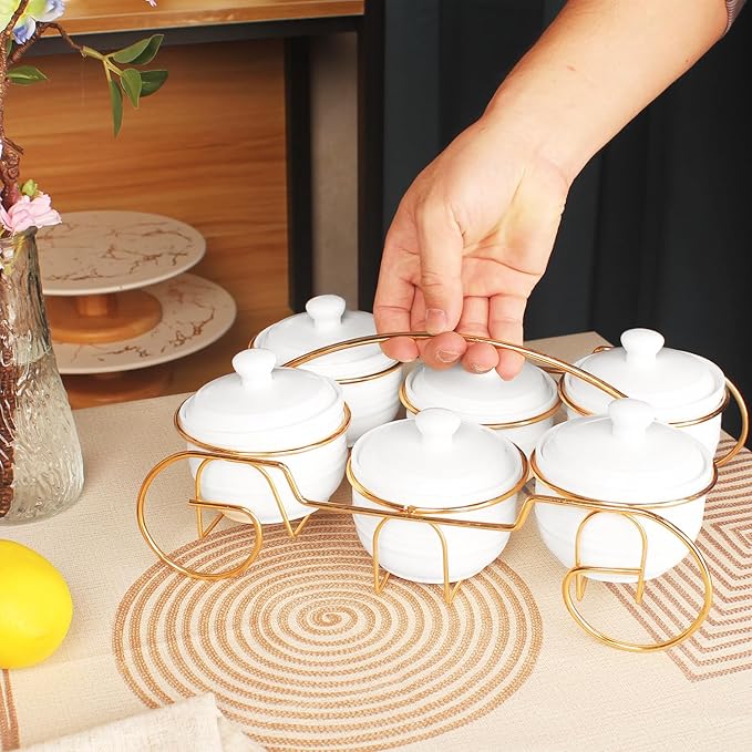 Ceramic Candy Bowls, Condiment/Sugar bowls gold basket Tray, 6 Removable small bowls With cover, For Snack, Dried fruits, nuts, candies and condiments - for parties, Holiday gift