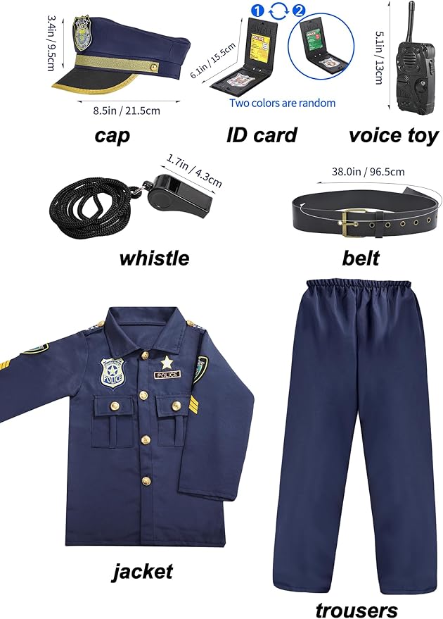 Police Officer Costume for Kids, Cop Toys with Policeman Uniform, Hat, Whistle, Toddler Dress Up for Christmas Party, Boys Girls Birthday Gift
