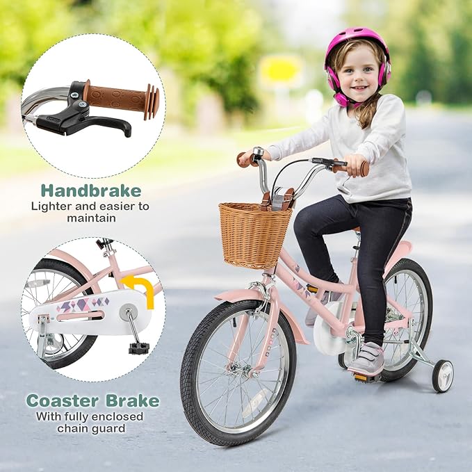 BABY JOY Retro Kids Bike, 12 14 16 18 Inch Child Bike for 3-8 Years Old w/Rattan Basket, Adjustable Height, Training Wheels, Fenders, Handbrake Coaster Brake, 95% Pre-Assembled Kids Bicycle for Girls