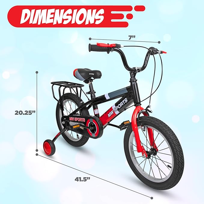 Slippery Racer MW Sports 16 inch Kids Bike with Removable Training Wheels, Hand Brakes and Back Relay Rack for Ages 4-6 Years.