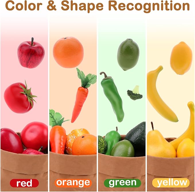 Gresorth 32pcs Play Food with Matching Card Toy Food Set Artificial Fruit Vegetable Realistic Bread Decoration for Toddlers Kitchen Preschool Learning