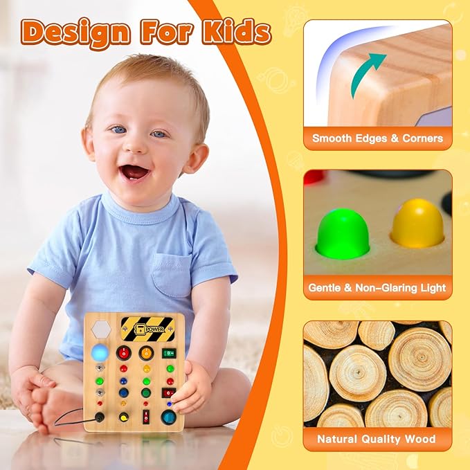 Busy Board Montessori Toys for Toddler, Wooden Sensory Board Switch Toy with Shape Sorter LED Light Up Toys Educational Plane Travel Activity for Girls & Boys