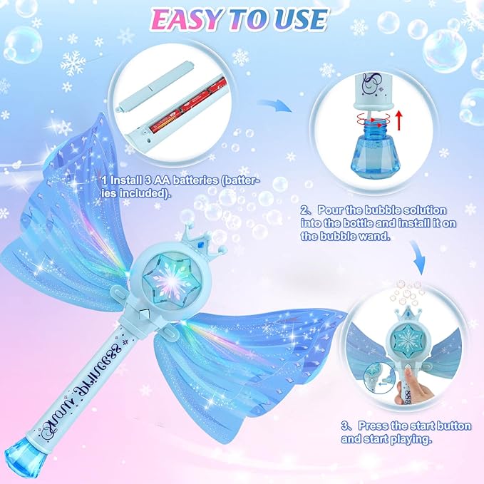 Bubble Wands for Kids Girls - LED Light & Music Bubble Machine: 3 AA Batteries & 2 Bubble Solutions, Outdoor Party Birthday Toys for Toddlers, Gift for 3 4 5 6 7 8 Year Old Girls, Blue