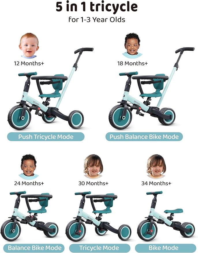 newyoo TR008 Toddler Push Tricycle, Toddler Bike for 1-3 Years Olds, Birthday Gift for Boys and Girls, 5 in 1 Balance Bike with Handle, Kids Trike with Safe Bar, Green