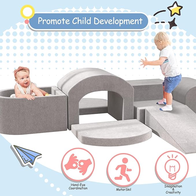 Indoor Toddler Climbing Toys with Foam Ball Pit, 7-Piece Foam Climbing Blocks for Toddlers, Inside Crawling & Sliding Soft Play Set for Toddlers