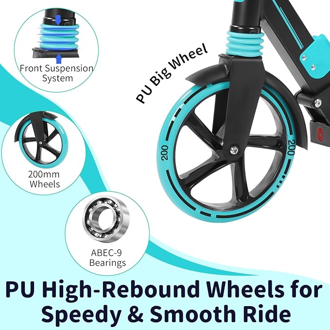 BELEEV V8 Scooters for Kids Ages 6+ with Light-Up Deck, 2 Wheel Folding Scooter for Adults Teens, 4 Adjustable Height, Lightweight Sport Commuter Scooter, Sturdy Frame, Max Load 220 lbs