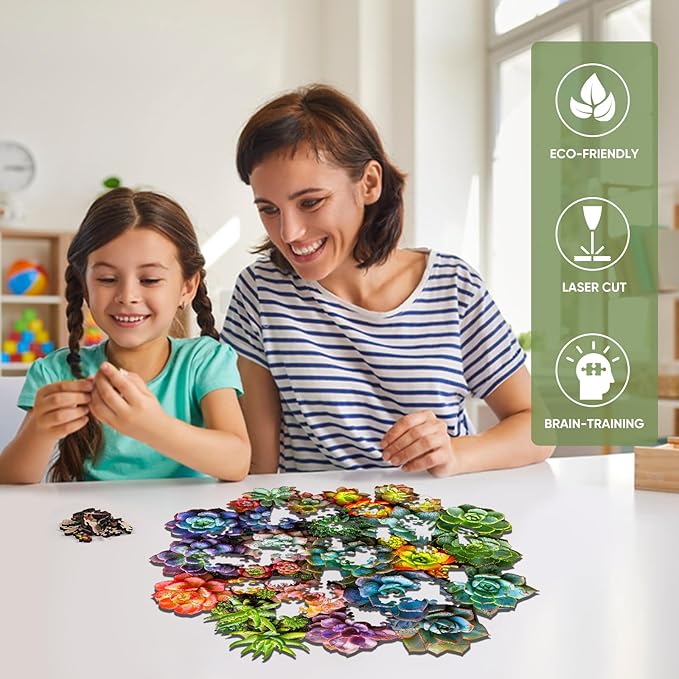 delobi Succulent Plants Wooden Puzzles, 200 Pieces Jigsaw Puzzles 11.2'' x11'', Unique Design Liberty Wooden Puzzles for Adults and Kids, Family Game Gift Medium Size