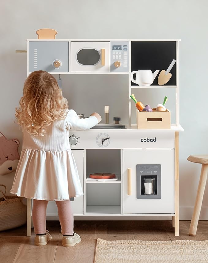ROBUD Kids Play Kitchen - Wooden Toy Kitchen with Planting Box, Montessori Pretend Kitchen playset with Ice Maker and Pizza Oven for Toddlers 3-8