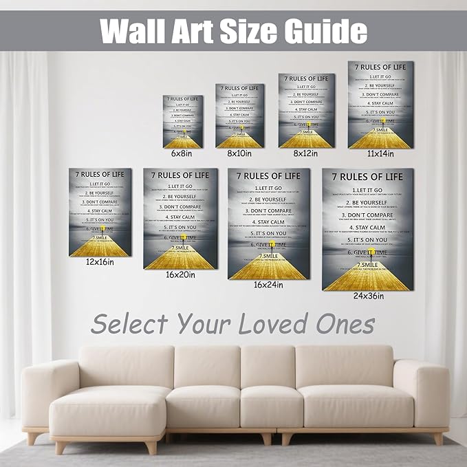 7 Rules of Life Motivational Wall Decor Inspirational Wall Art for Office & Home - Positive Quotes Canvas Prints Ready to Hang, Uplifting Wall Decor for Living Room, Bedroom or Office Wall Art
