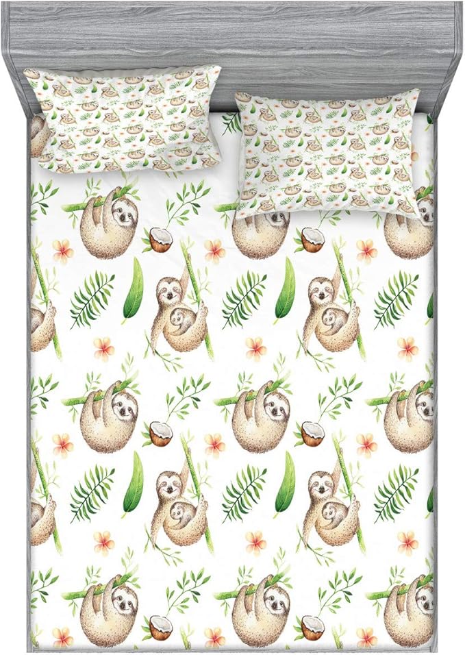 Ambesonne Sloth Fitted Sheet & Pillow Sham Set, Sloth and Mother Soft Colored Flowers Coconut Tree Leaves Happy Family, Decorative Printed 2 Piece Bedding Decor Set, King, Pale Brown Green