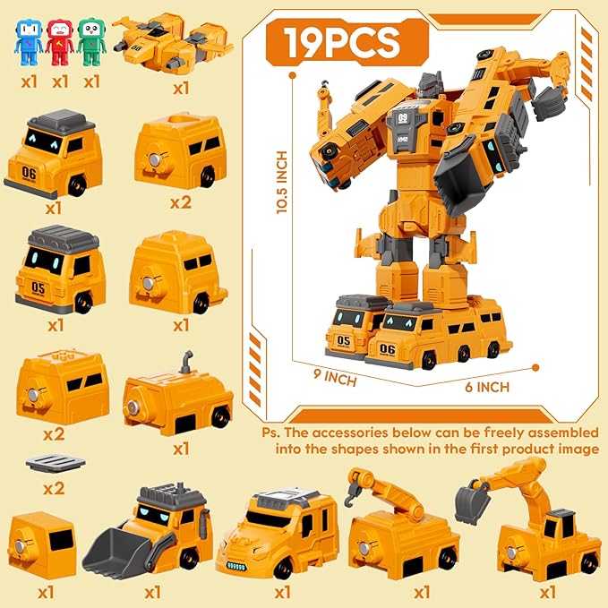 Magnetic Transform Engineering Car for Boys 4-6, Assembled Transforming Robot Toys for Kids 5-7, 10 in 1 Construction Vehicles Toy Sets, Birthday Gifts for Boys Age 3 4 5 6 7 8