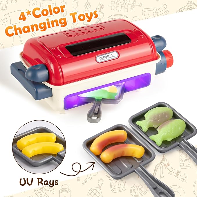 48-Piece Kids BBQ Grill Playset with Lights & Sounds, Spray Food, Role Play Kitchen Accessories, Children's Kitchen Toys, Gift for Boys & Girls Ages 3-6+