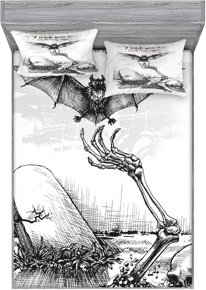 Ambesonne Halloween Fitted Sheet & Pillow Sham Set, Dead Skull Skeleton Out of The Grave and Flying Bat Hand Drawn Spooky Picture, Decorative Printed 3 Piece Bedding Decor Set, Calking, Black Ecru