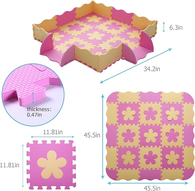 Foam Play Mat for Kids,25Pcs Square Interlocking Puzzle Floor Mat,Baby Play Mat Floor Mat Foam Puzzle Playmat for Toddlers with Fence(Pink Flower-CSH032