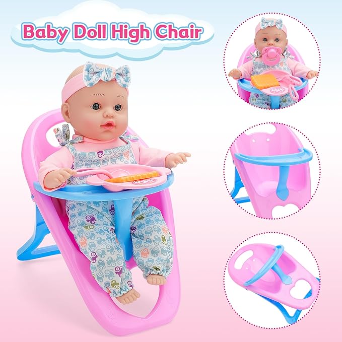 deAO Baby Doll Stroller Set High Chair Travel Diaper Bag with 12 inch Baby Doll Accessories Pretend Play Toys with Foldable Stroller 2 Sets Doll Clothes Birthday Gift for Girls Boys Toddler Kids