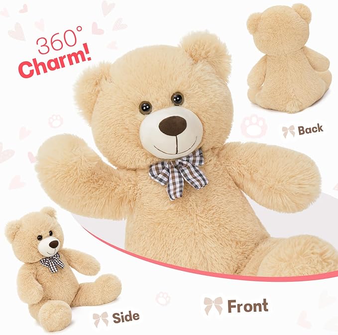 MorisMos Bow Tie Teddy Bear Stuffed Animal, 20 Inch Classic Stuffed Bears Plush, Cuddly Hugging Bear Gift for Toddler, Kids, Baby Shower & Birthday, Brown