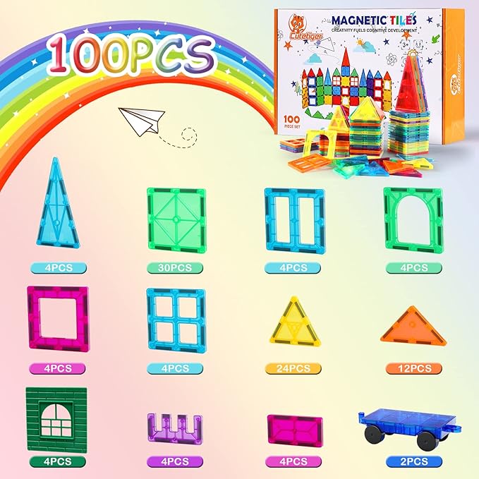 Mangetic Tiles, 100PCS Magnet Building Toys, Magnetic Building Set for Kids, Stacking Blocks, Perfect STEM Toys Gift for Boys and Girls