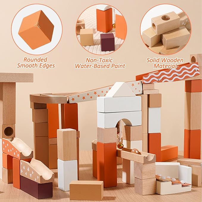Wooden Marble Runway Blocks for Ages 3+, 60 Wooden Blocks Toys and Construction Playset, Natural Marble Track Maze Game STEM Learning Toys Boys Girls Gift (Set of 60)