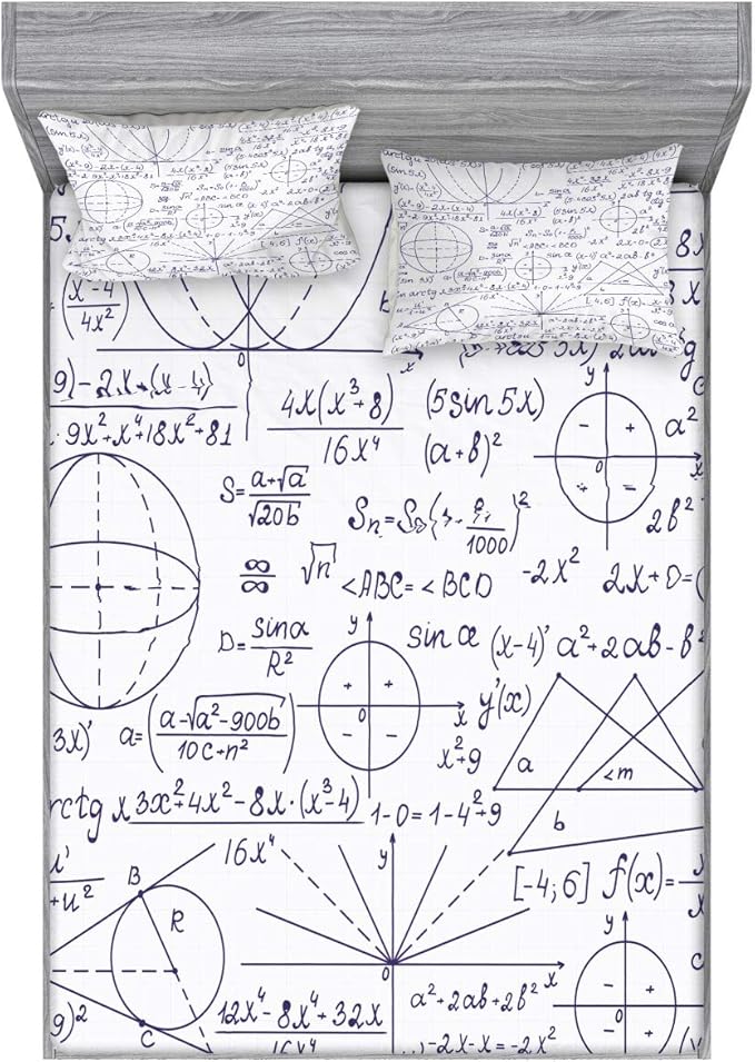 Ambesonne Modern Fitted Sheet & Pillow Sham Set, Classic Math Geometry Science Themed Numbers Pattern on Plain Background, Decorative Printed 2 Piece Bedding Decor Set, Queen, Dark Purple and White