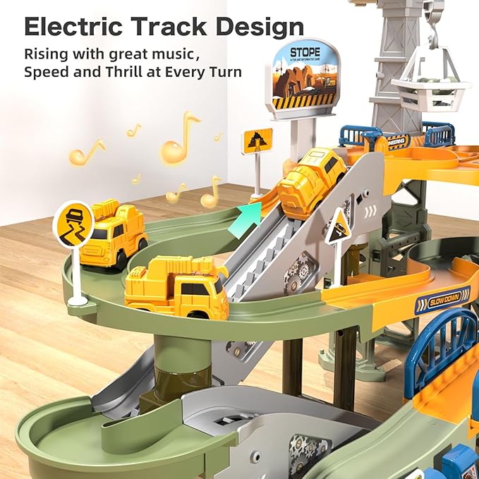 64PCS Engineering Adventure Track Set for Kids 3+ - Motorized Climbing Ladder, Rotating Crane, 4 Mini Cars, Interactive Construction Playset with Music - Safe Design, Ideal Gift
