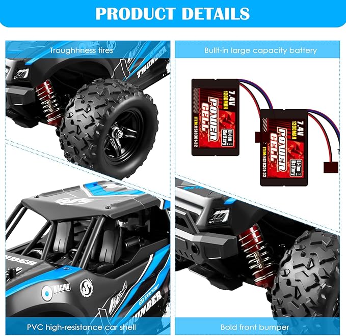 1:18 Scale RC Cars, 36 KM/H High Speed, 2.4 GHz Remote Control and 2 Rechargeable Batteries,4 Shock Absorbers, for Xmas (Blue)