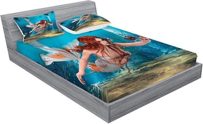 Ambesonne Mermaid Fitted Sheet & Pillow Sham Set, Lifelike Mermaid Holding a Sea Lily Magic Aquatic World Theme, Decorative Printed 3 Piece Bedding Decor Set, Calking, Burnt Sienna Pale Blue