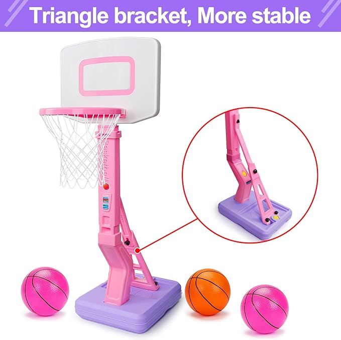 Toddler Girl Basketball Hoop Indoor Pink Adjustable Mini Basketball Goal with Ball Pump for Outdoor Poolside Toys Backyard Game Outside Basketball Toy for Kids Age 1-3 3-5 6 7 4-8 Birthday Gift