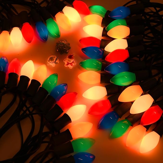 100Ft C7 LED Christmas String Lights Outdoor, Multicolor Christmas Decorations Lights with 100+5 Colored C7 LED Bulbs, Vintage Decor Light for Xmas Tree Home Yard Party Decor, E12 Base, Green Wire