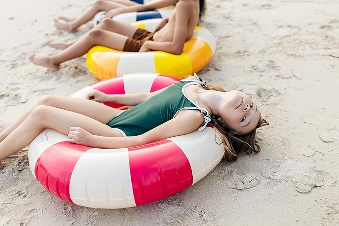 Petites-Pommes Pool Inflatables for Kids - Durable Inner Tube, Handprinted Classic Striped Design Pool Floats, Soft Comfort Seaming, Packable Floats for Travel, Bright Red, 35 inch