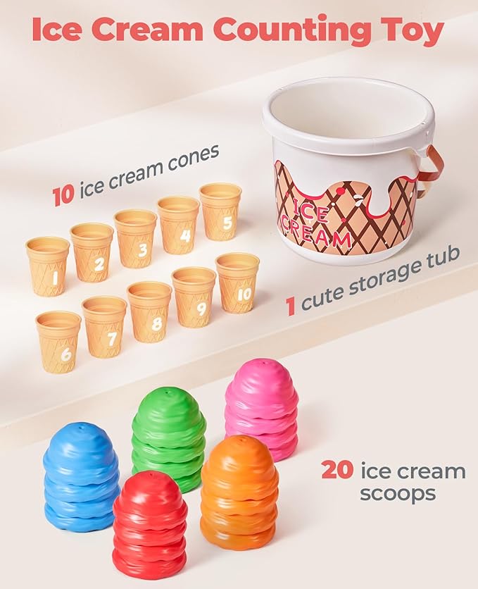 JoyCat Ice Cream Preschool Learning Activities Counting and Color Sorting Set Stacking Toys for Kids 3-5, Safety Fine Motor Skills Toy, Math Learning Resources Easter Basket Stuffers for Toddler 30PCS