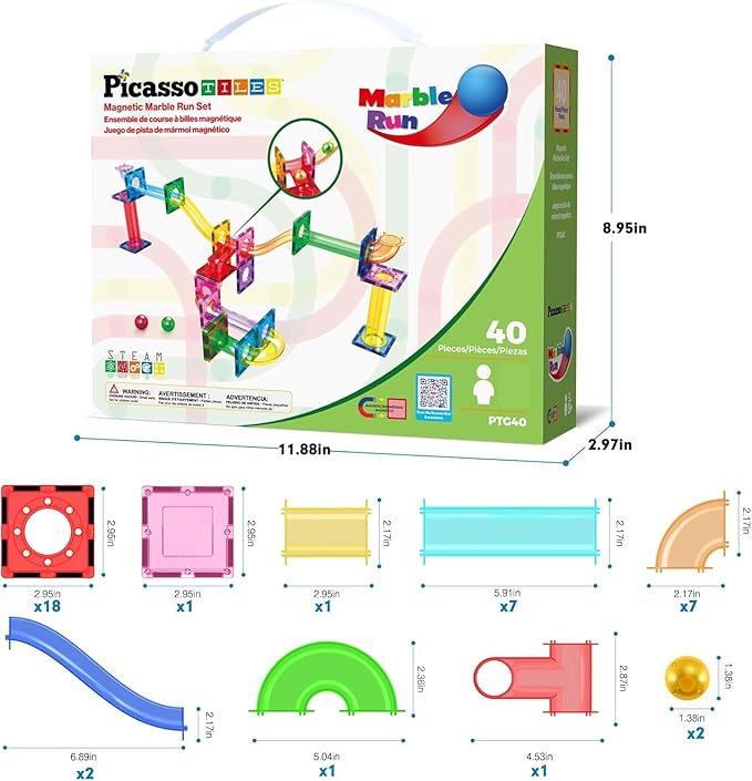 PicassoTiles Marble Run Magnetic Tile Race Track Toy Play Set STEM Building & Learning Early Educational Child Magnet Construction Block Creative Kit Boys & Girls Age 3+ Years Old Toys PTG40