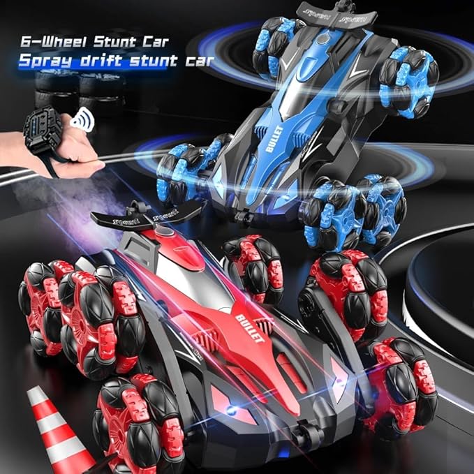 Spray 6 ruedas Rc Stunt Car Pulverización 360 grados Flip Rotating Drift Doble cara Rc Cars Juguetes de Control remoto LRE (Blue)