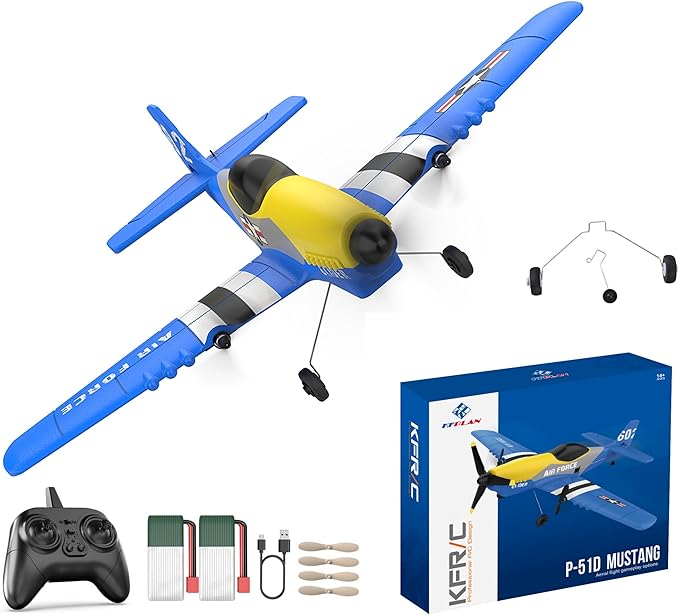 Rc Plane 3 Channel Airplane,P51D Mustang Fighter with 2 Batteries,Built-in Gyro Self-Stabilizing System Easy to Fly Rc Airplane,Rc Glider for Kids Adults Beginners