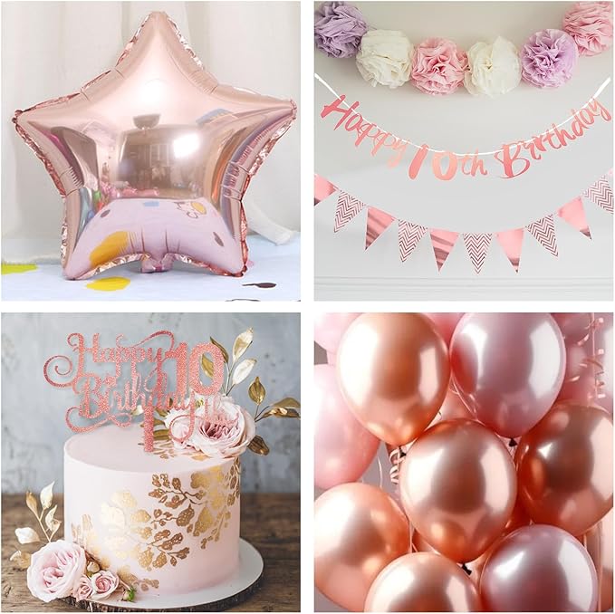 10th Birthday Decorations for Girls, Retro Pink Double Digits 10 Balloon Set Happy 10th Birthday Banner Cake Topper Dusty Pink Nude Confetti Star Balloons for Boho 10 Year Old Bday Party Decoration