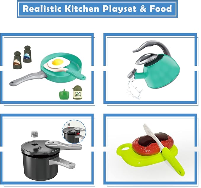 Bruvoalon 67Pcs Kids Play Kitchen Toys Set, Toddlers Pretend Cooking Playset Acccessories with Pots Pans, Utensils Cookware, Foods, Canned Veges, Learning Gift for Kids Girls Boys (Green)