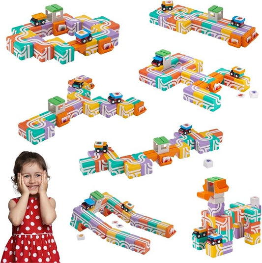 QBI Magnetic Blocks for Toddlers Ages 2-4|STEM Magnetic Building Blocks with Trucks & Fruit Plates|Montessori Magnet Building Cubes for Kids|Educational Gifts for Boys & Girls Ages 2+ (32PCS)