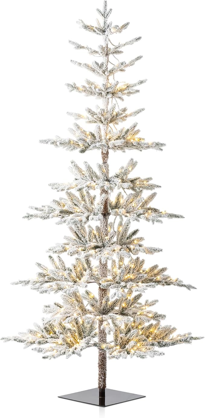Glitzhome Flocked Christmas Tree, 7ft Pre-Lit Artificial Christmas Tree with 400 Warm White Lights, Deluxe Xmas Serene Snowscape Fir Tree with 1015 PE Tips and Sturdy Metal Stand,Easy Set Up