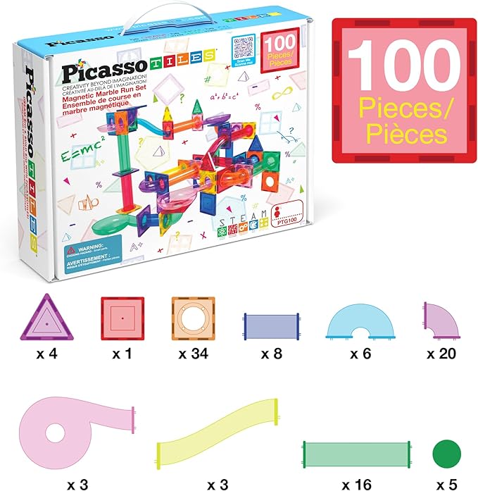 PicassoTiles Marble Run 100 Piece Magnetic Tile Race Track Toy Play Set STEM Building & Learning Educational Magnet Construction Child Brain Development Kit Boys Girls Age 3 4 5 6 7 8+ Years Old Toys